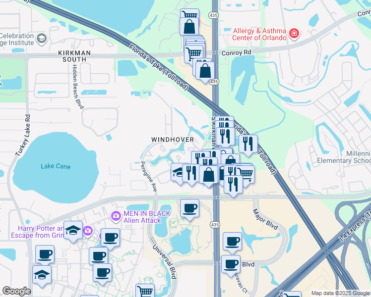 map of restaurants, bars, coffee shops, grocery stores, and more near 5899 Windhover Drive in Orlando