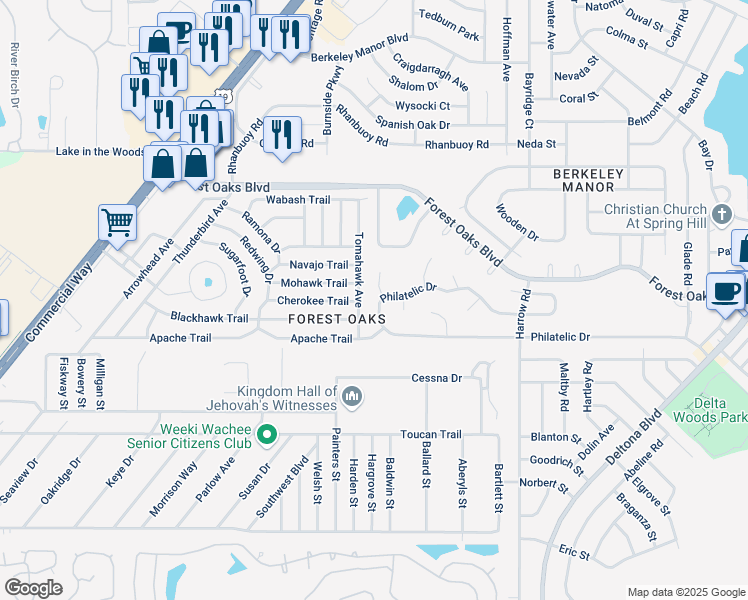map of restaurants, bars, coffee shops, grocery stores, and more near 7476 Philatelic Drive in Spring Hill