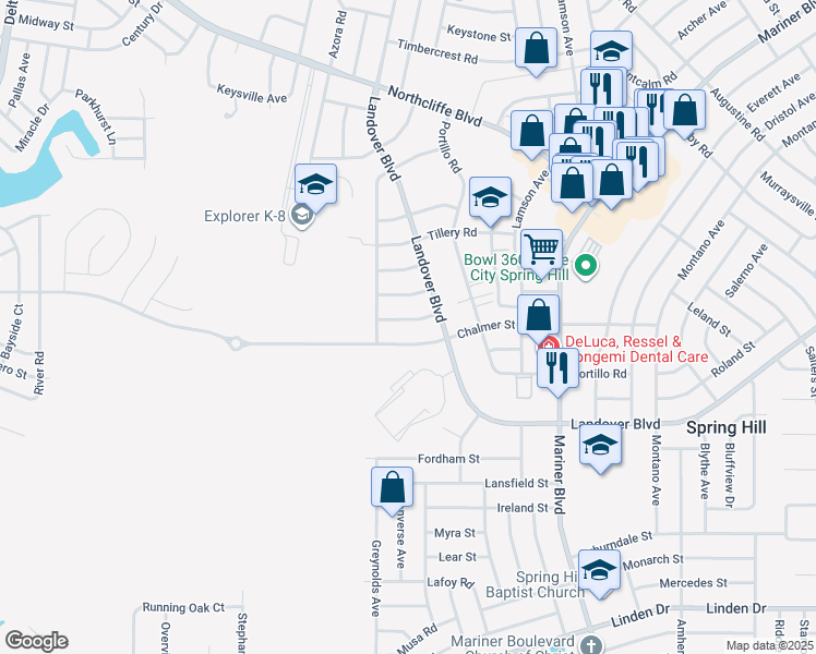 map of restaurants, bars, coffee shops, grocery stores, and more near 10322 Hemlock Street in Spring Hill