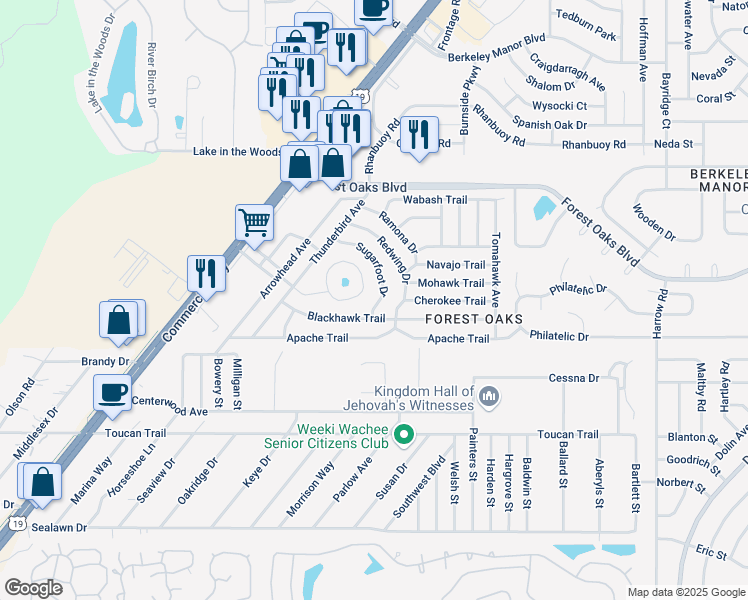 map of restaurants, bars, coffee shops, grocery stores, and more near 3483 Sugarfoot Drive in Weeki Wachee