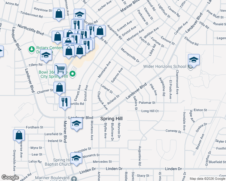 map of restaurants, bars, coffee shops, grocery stores, and more near 11237 Leland Street in Spring Hill