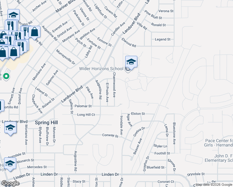 map of restaurants, bars, coffee shops, grocery stores, and more near 3466 Charmwood Avenue in Spring Hill