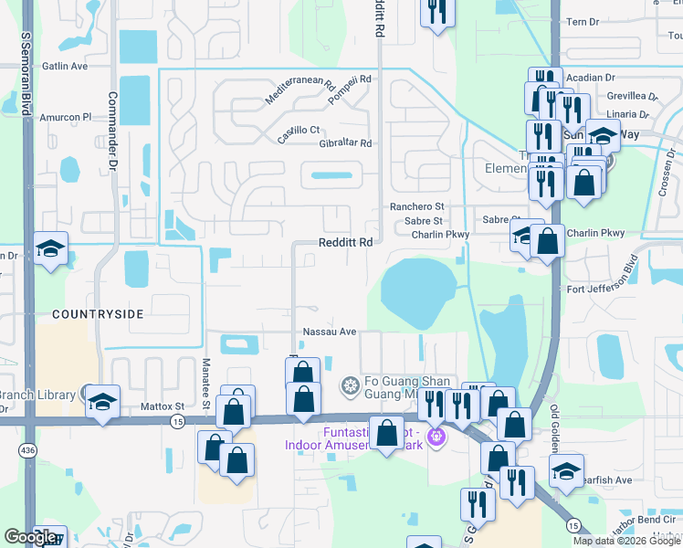 map of restaurants, bars, coffee shops, grocery stores, and more near 6880 Redditt Road in Orlando