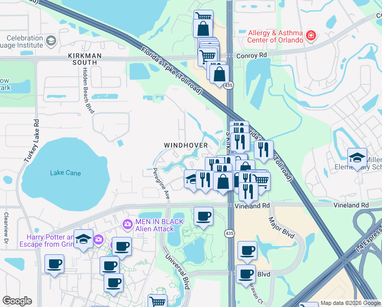 map of restaurants, bars, coffee shops, grocery stores, and more near 5899 Windhover Drive in Orlando