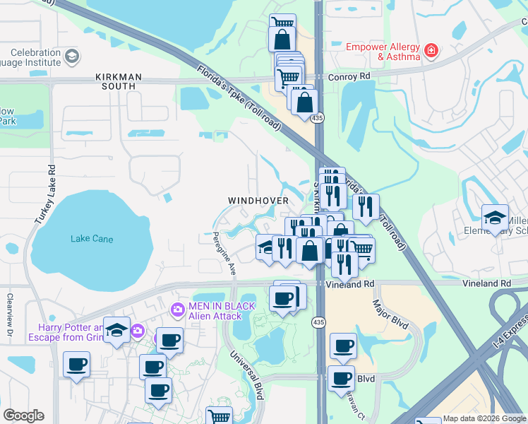 map of restaurants, bars, coffee shops, grocery stores, and more near 5899 Windhover Drive in Orlando