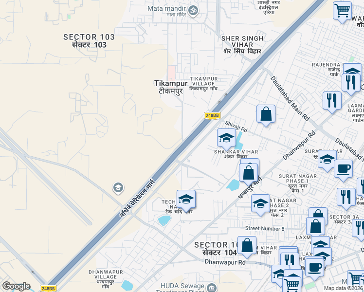 map of restaurants, bars, coffee shops, grocery stores, and more near Daultabad - Dhanwapur Road in Gurgaon