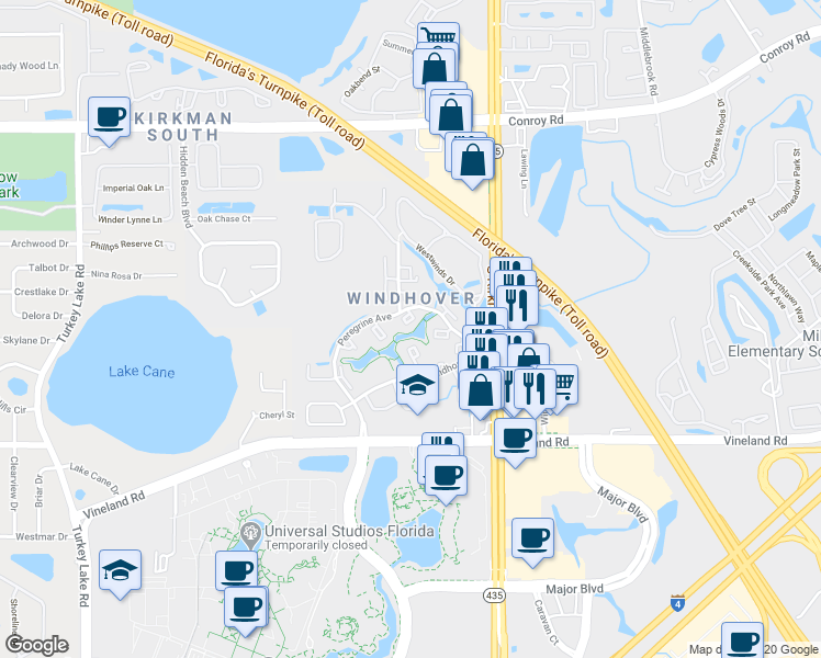 map of restaurants, bars, coffee shops, grocery stores, and more near 5899 Windhover Drive in Orlando
