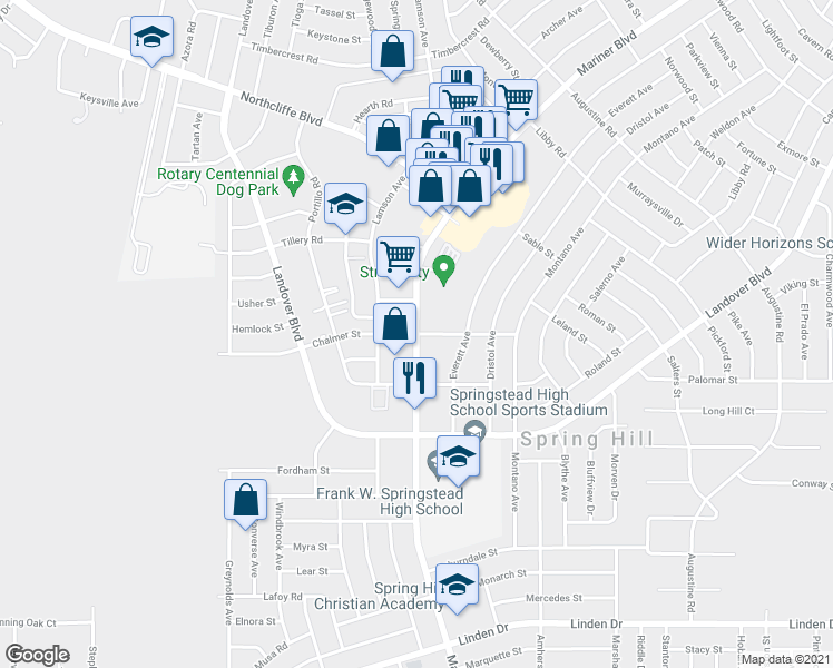 map of restaurants, bars, coffee shops, grocery stores, and more near 3485 Mariner Boulevard in Spring Hill