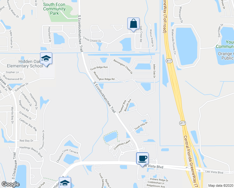 map of restaurants, bars, coffee shops, grocery stores, and more near 9815 Pineleaf Way in Orlando