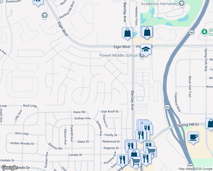 map of restaurants, bars, coffee shops, grocery stores, and more near 3527 Conifer Loop in Spring Hill