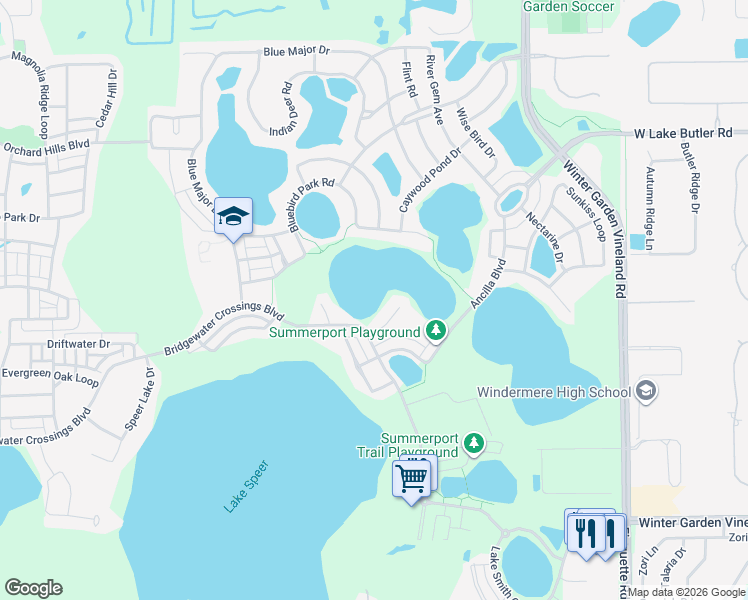 map of restaurants, bars, coffee shops, grocery stores, and more near 14163 Bridgewater Crossings Boulevard in Windermere