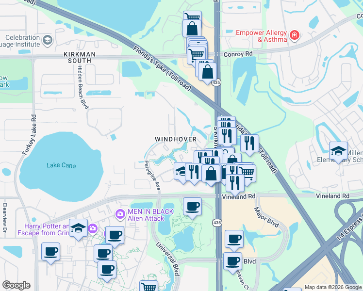 map of restaurants, bars, coffee shops, grocery stores, and more near 5899 Windhover Drive in Orlando