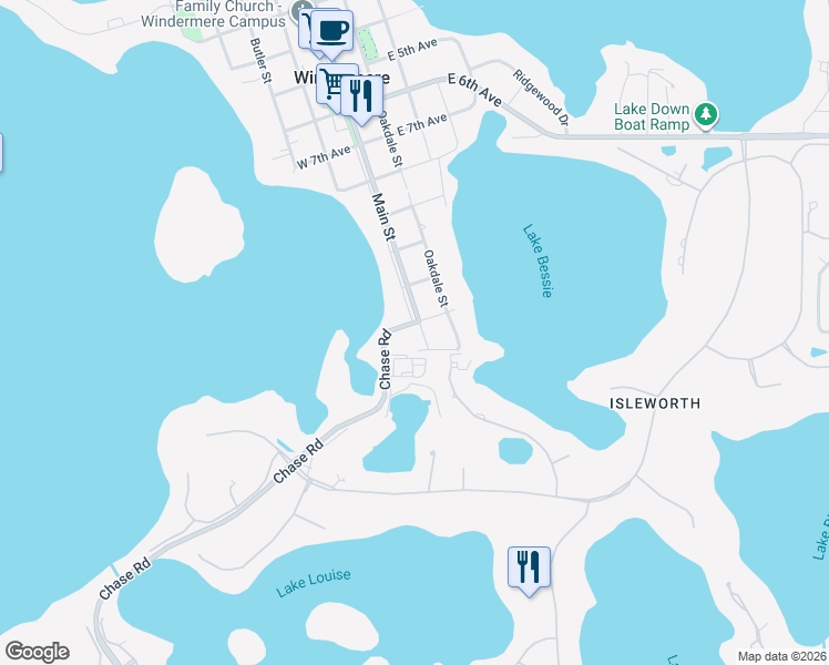 map of restaurants, bars, coffee shops, grocery stores, and more near 6 Chase Road in Windermere