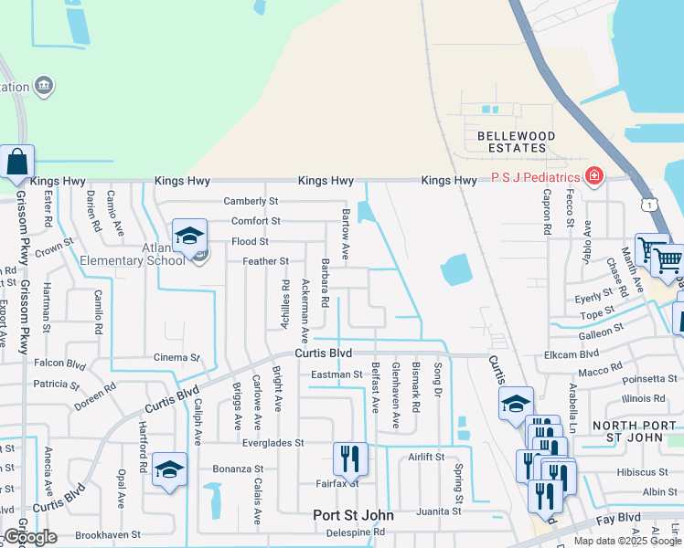 map of restaurants, bars, coffee shops, grocery stores, and more near 4230 Glover Street in Cocoa