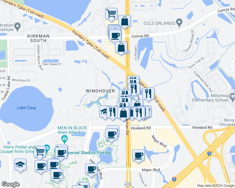 map of restaurants, bars, coffee shops, grocery stores, and more near 5949 Windhover Drive in Orlando
