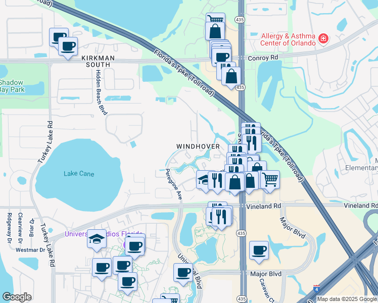 map of restaurants, bars, coffee shops, grocery stores, and more near 6062 Peregrine Avenue in Orlando