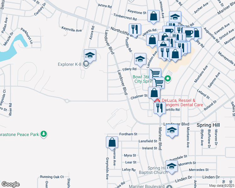 map of restaurants, bars, coffee shops, grocery stores, and more near 10322 Hemlock Street in Spring Hill