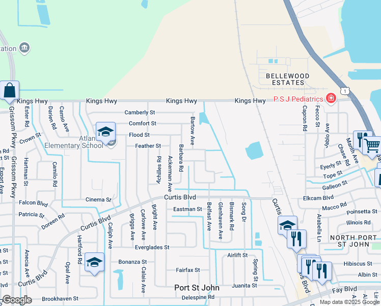 map of restaurants, bars, coffee shops, grocery stores, and more near 4230 Glover Street in Cocoa