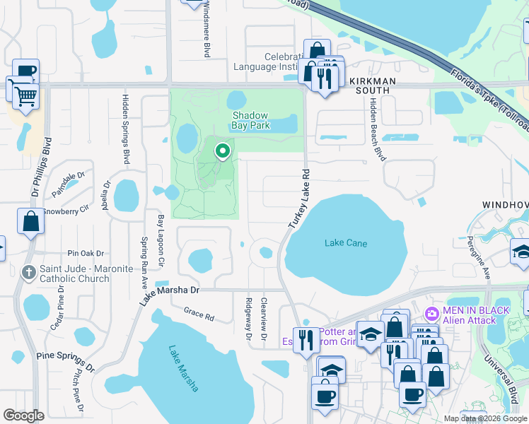 map of restaurants, bars, coffee shops, grocery stores, and more near 7015 Skylane Drive in Orlando