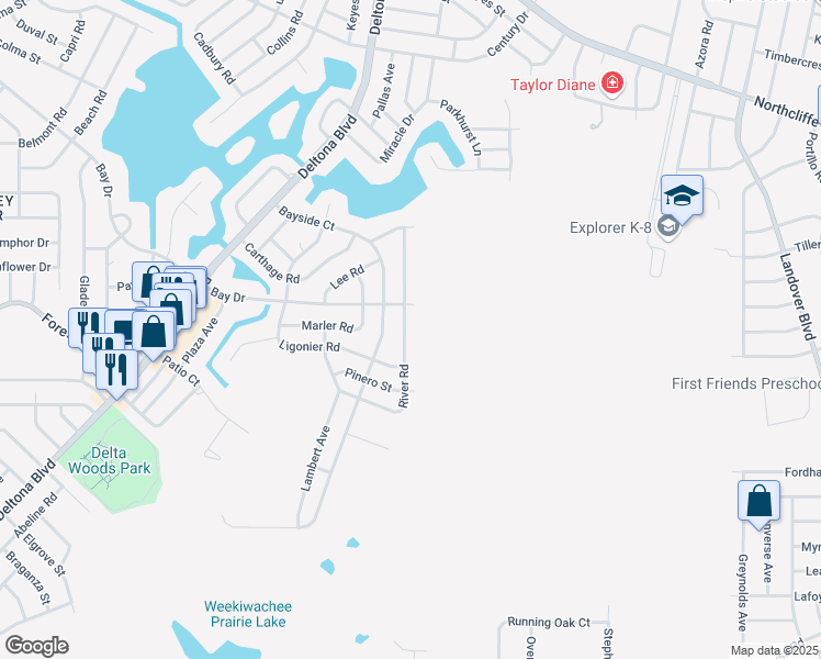 map of restaurants, bars, coffee shops, grocery stores, and more near 9560 River Road in Spring Hill