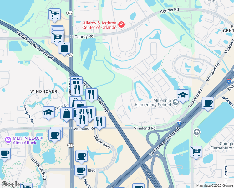 map of restaurants, bars, coffee shops, grocery stores, and more near 5463 Vineland Road in Orlando