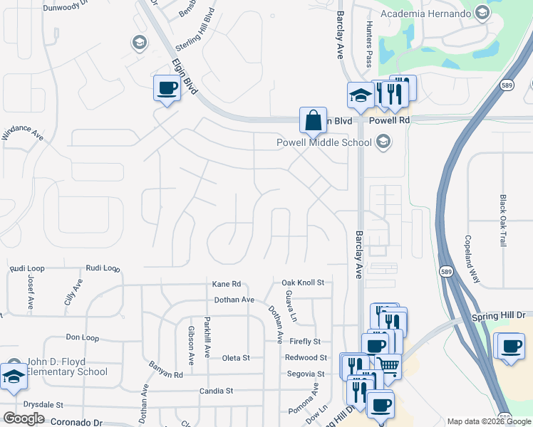 map of restaurants, bars, coffee shops, grocery stores, and more near 3462 Conifer Loop in Spring Hill