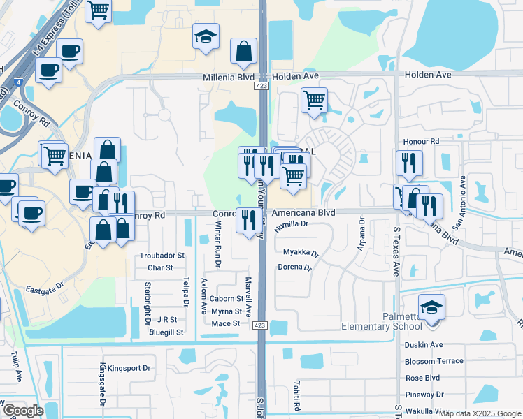 map of restaurants, bars, coffee shops, grocery stores, and more near S John Young Pkwy & Americana Blvd in Orlando