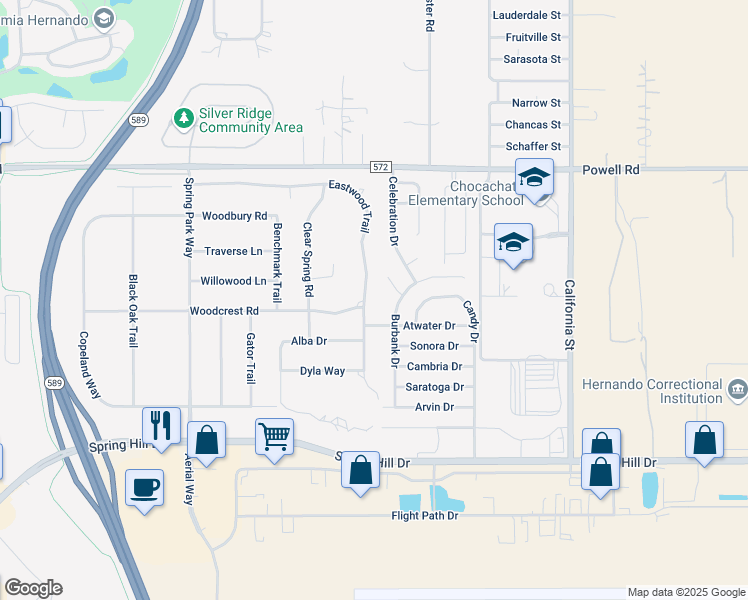 map of restaurants, bars, coffee shops, grocery stores, and more near 15473 Eastwood Trail in Brooksville