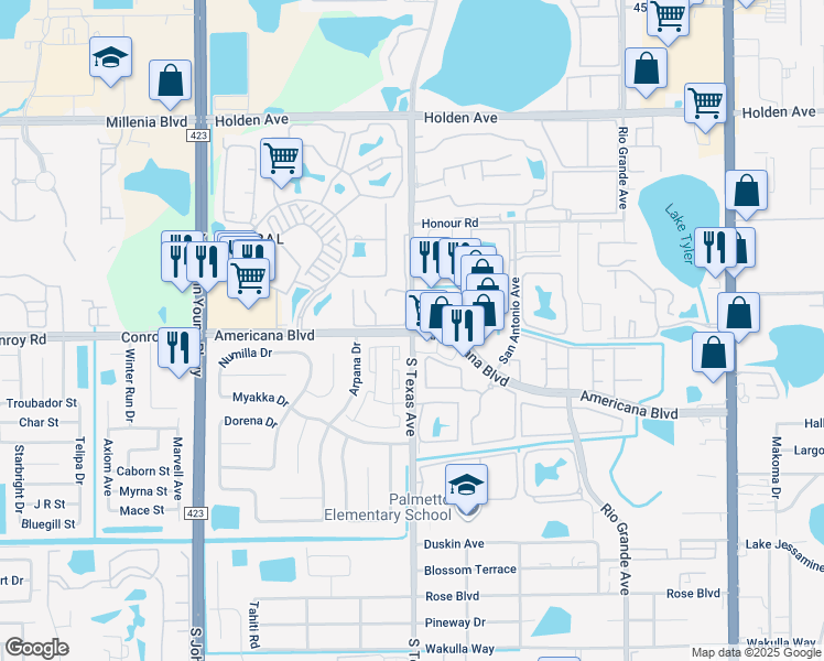 map of restaurants, bars, coffee shops, grocery stores, and more near Americana Blvd & S Texas Ave in Orlando
