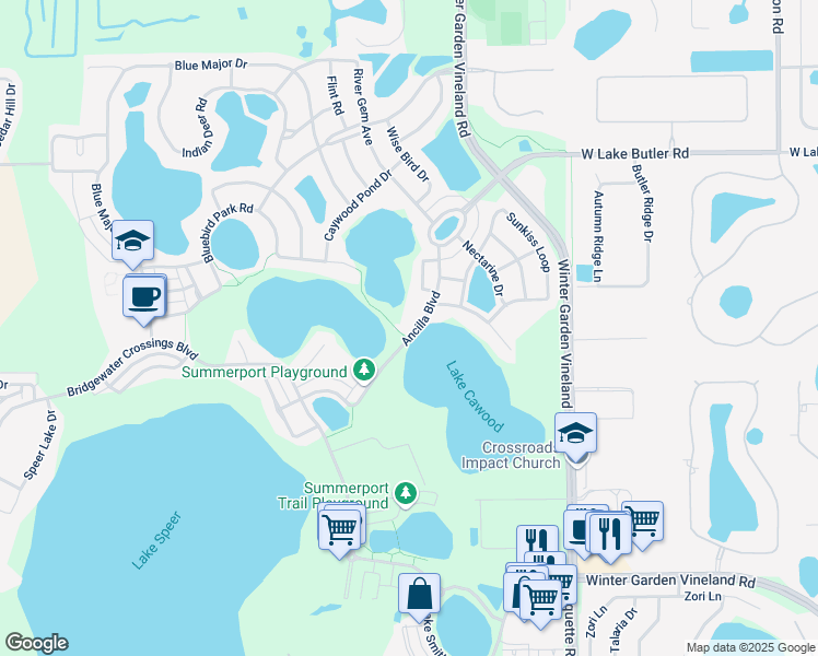 map of restaurants, bars, coffee shops, grocery stores, and more near 13963 Ancilla Boulevard in Windermere