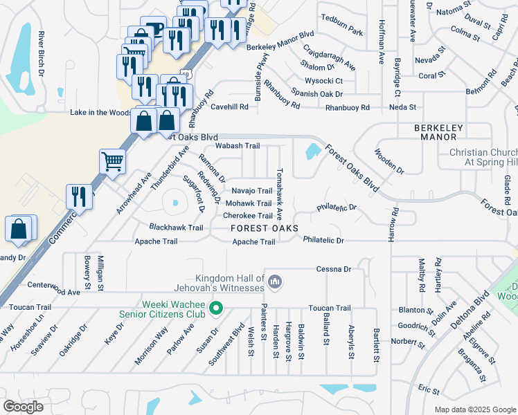 map of restaurants, bars, coffee shops, grocery stores, and more near 7478 Mohawk Trail in Spring Hill