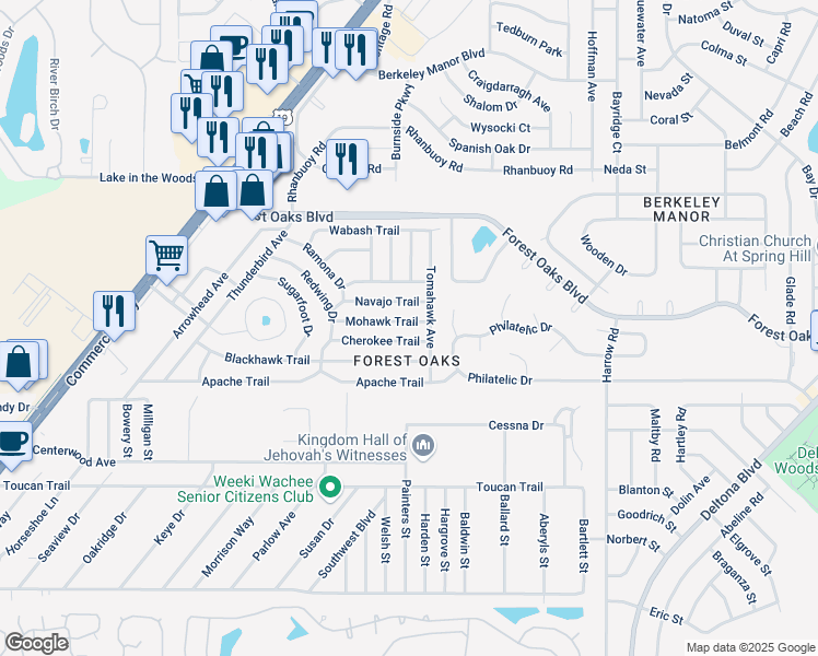 map of restaurants, bars, coffee shops, grocery stores, and more near 7492 Cherokee Trail in Spring Hill