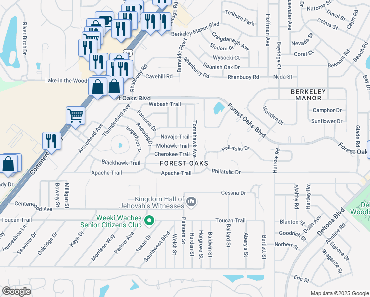 map of restaurants, bars, coffee shops, grocery stores, and more near 7492 Mohawk Trail in Spring Hill
