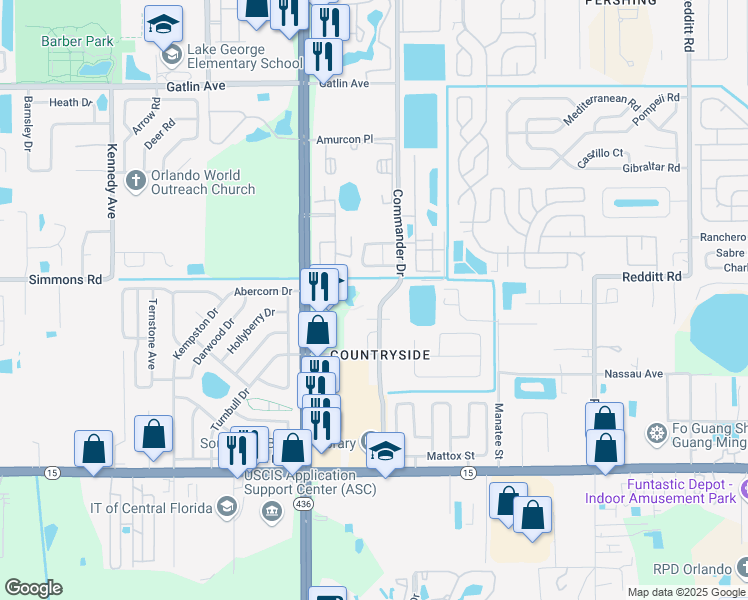 map of restaurants, bars, coffee shops, grocery stores, and more near 5336 Commander Drive in Orlando