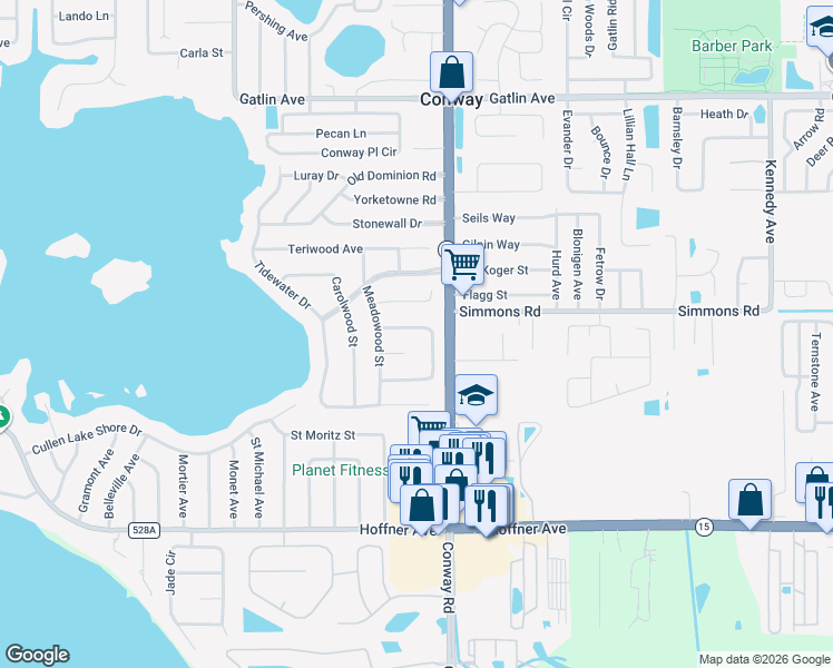 map of restaurants, bars, coffee shops, grocery stores, and more near 4158 Fallwood Circle in Orlando