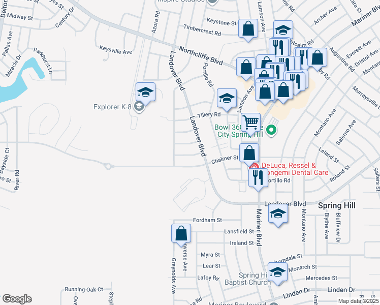 map of restaurants, bars, coffee shops, grocery stores, and more near 10322 Hemlock Street in Spring Hill