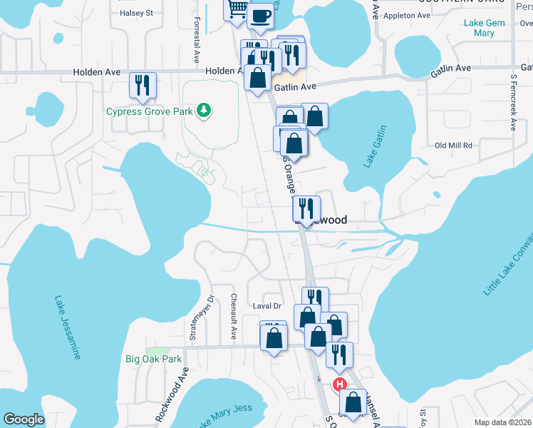 map of restaurants, bars, coffee shops, grocery stores, and more near 208 Verzon Court in Orlando