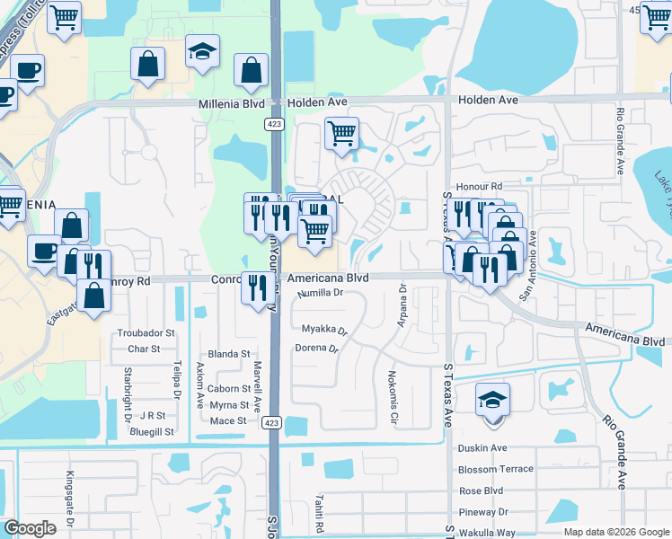 map of restaurants, bars, coffee shops, grocery stores, and more near 2609 Numilla Drive in Orlando