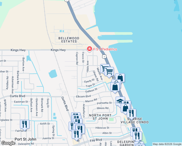 map of restaurants, bars, coffee shops, grocery stores, and more near 1000 Eyerly Street in Cocoa