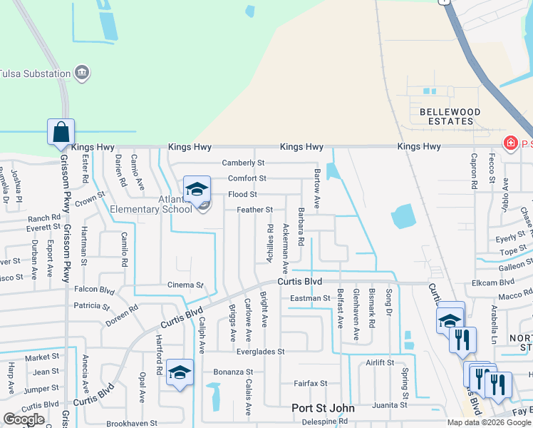 map of restaurants, bars, coffee shops, grocery stores, and more near 7271 Achilles Road in Cocoa