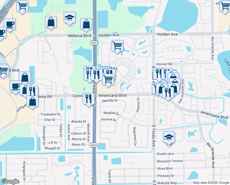 map of restaurants, bars, coffee shops, grocery stores, and more near 2609 Numilla Drive in Orlando