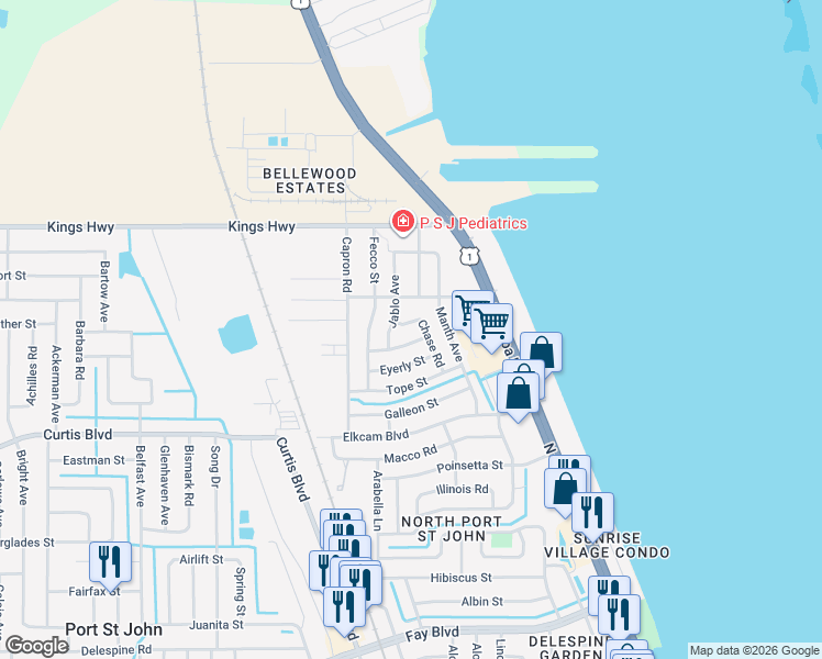 map of restaurants, bars, coffee shops, grocery stores, and more near 961 Palm Street in Cocoa