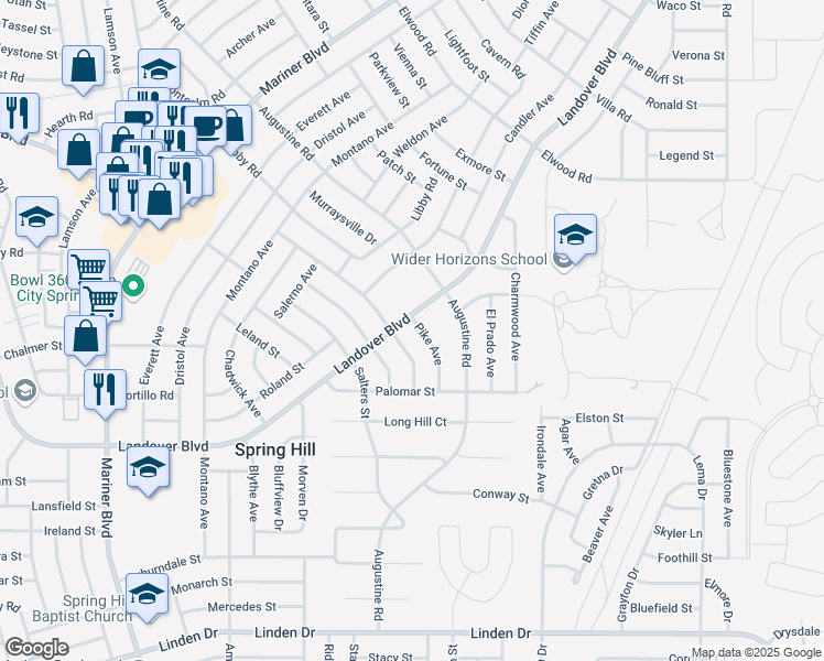 map of restaurants, bars, coffee shops, grocery stores, and more near 11412 Pike Avenue in Spring Hill