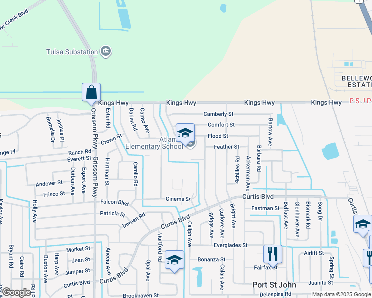 map of restaurants, bars, coffee shops, grocery stores, and more near 7300 Briggs Avenue in Cocoa