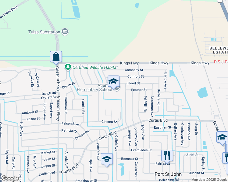 map of restaurants, bars, coffee shops, grocery stores, and more near 7300 Briggs Avenue in Port Saint John