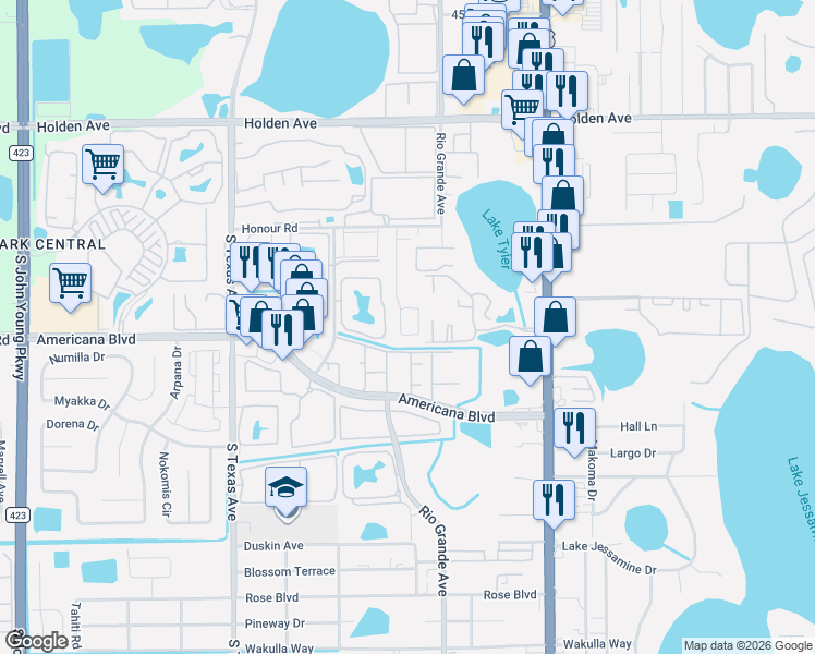 map of restaurants, bars, coffee shops, grocery stores, and more near 5234 Aventura Boulevard in Orlando