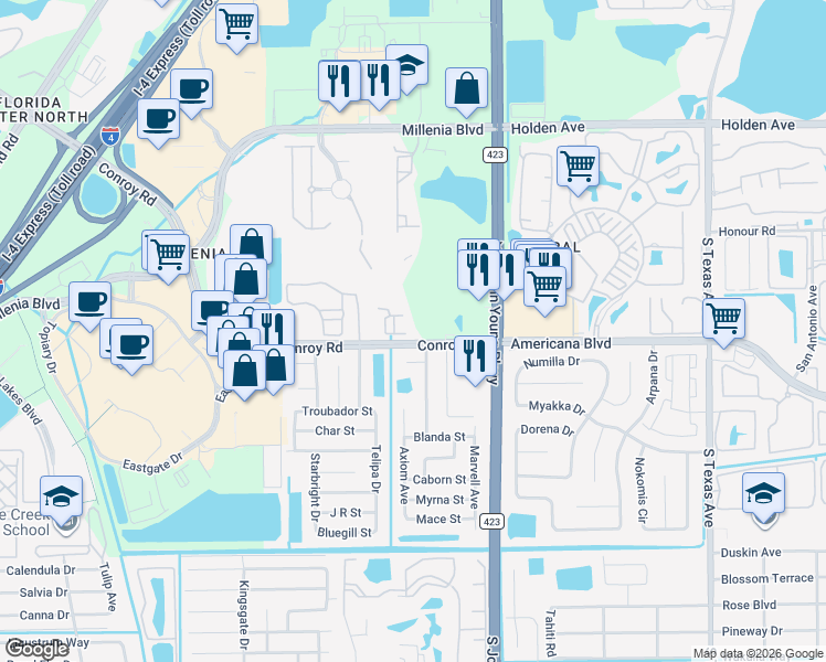 map of restaurants, bars, coffee shops, grocery stores, and more near 3551 Conroy Road in Orlando