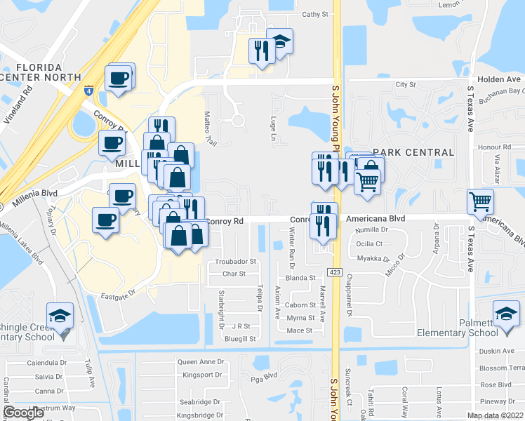 map of restaurants, bars, coffee shops, grocery stores, and more near 3577 Conroy Road in Orlando