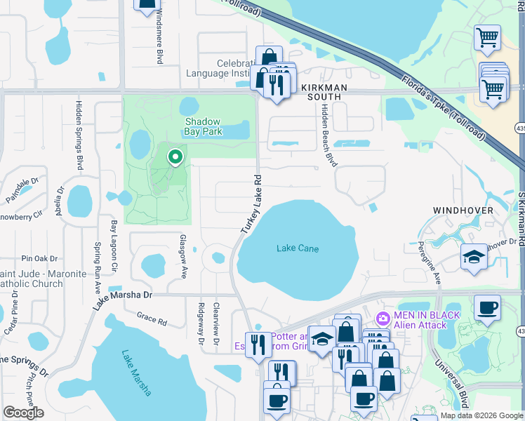 map of restaurants, bars, coffee shops, grocery stores, and more near 7002 Crestlake Drive in Orlando