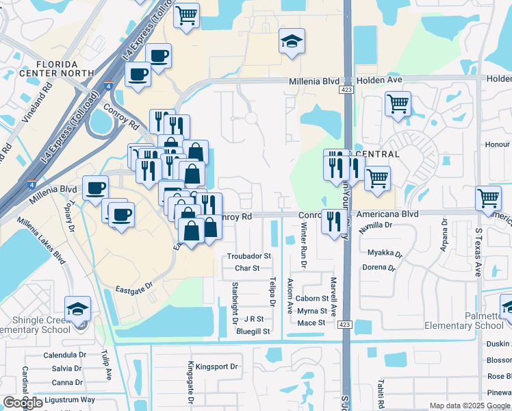 map of restaurants, bars, coffee shops, grocery stores, and more near 3701 Conroy Road in Orlando